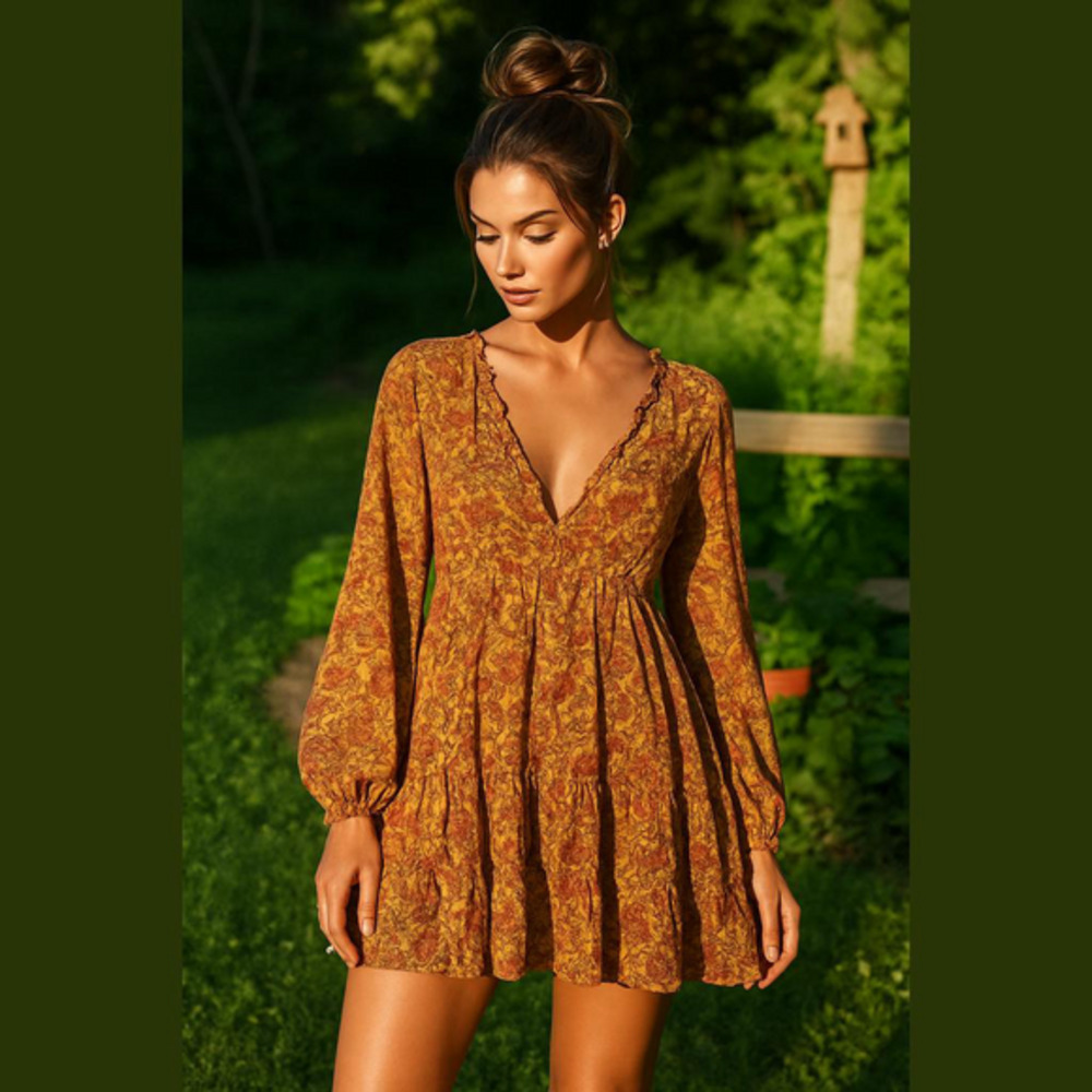 House of Harlow 1960 Mustard Floral Long-Sleeve Mini Dress